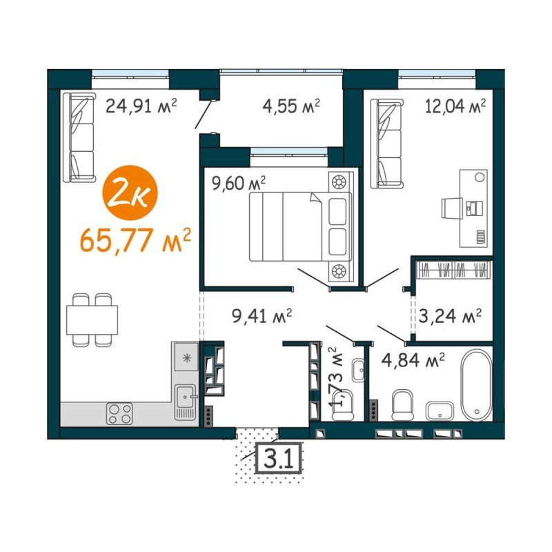Планировка 2-комн. квартира, 65.8 м² — ЖК «ДОК»