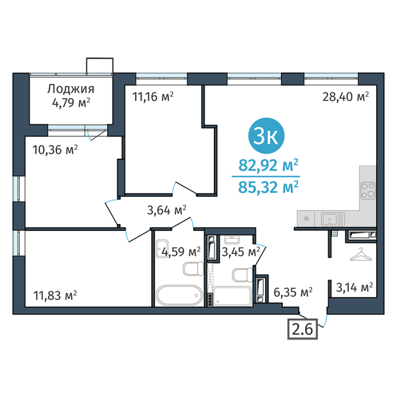 Планировка 3-комн. квартира, 82.9 м² — ЖК «ДОК»