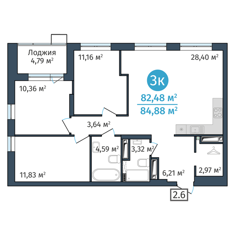 Планировка 3-комн. квартира, 82.5 м² — ЖК «ДОК»