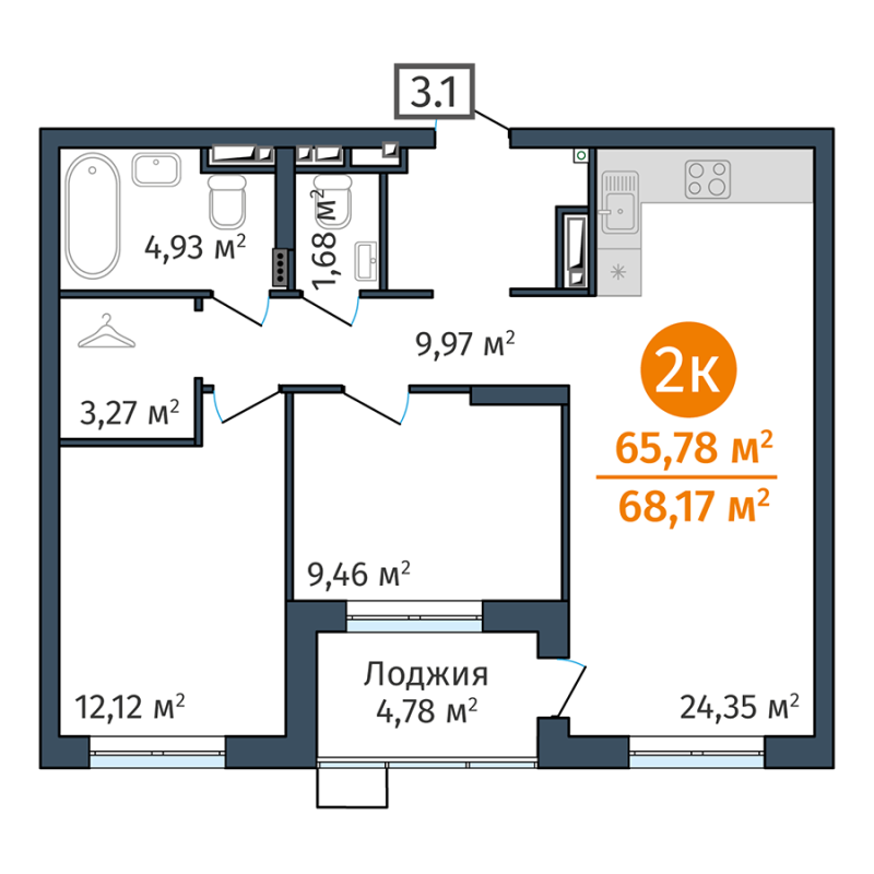 Планировка 2-комн. квартира, 65.8 м² — ЖК «ДОК»