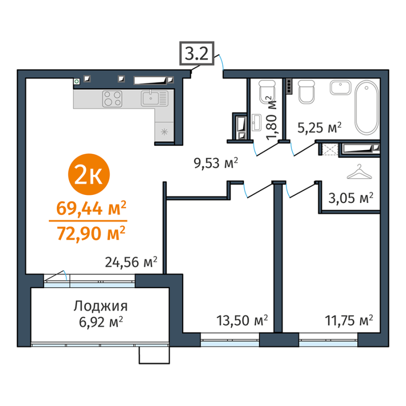 Планировка 2-комн. квартира, 69.4 м² — ЖК «ДОК»