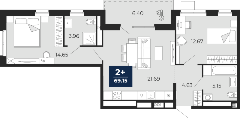 Планировка 2-комн. квартира, 69.2 м² — ЖК «Мириады»