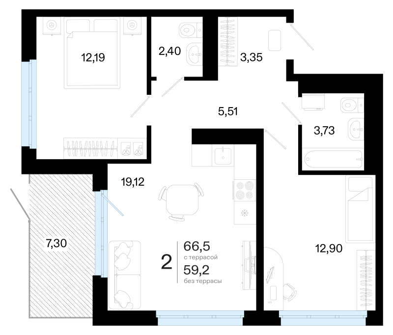 Планировка 2-комн. квартира, 66.5 м² — ЖК «Символ»
