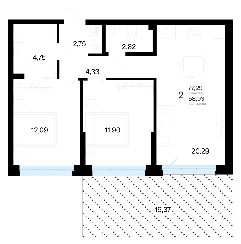 Планировка 2-комн. квартира, 77.3 м² — ЖК «Символ»