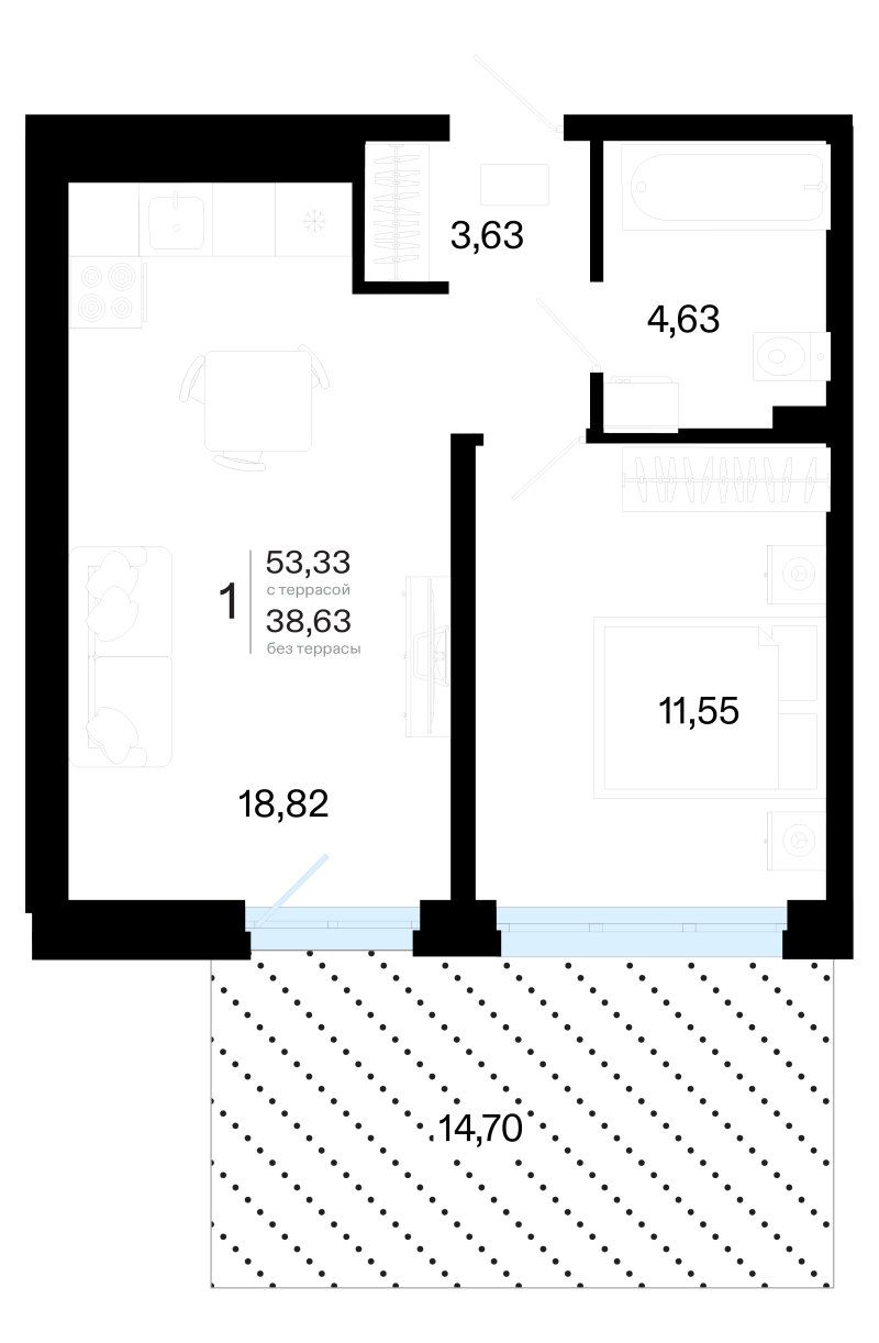 Планировка 1-комн. квартира, 53.3 м² — ЖК «Символ»