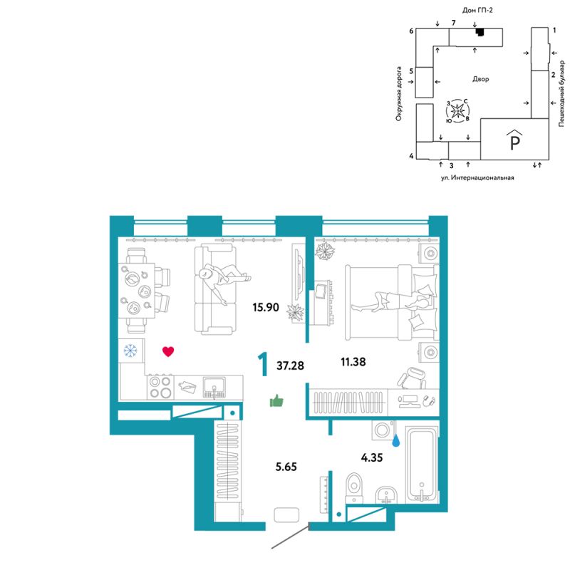 Планировка 1-комн. квартира, 37.3 м² — ЖК «Юнион»
