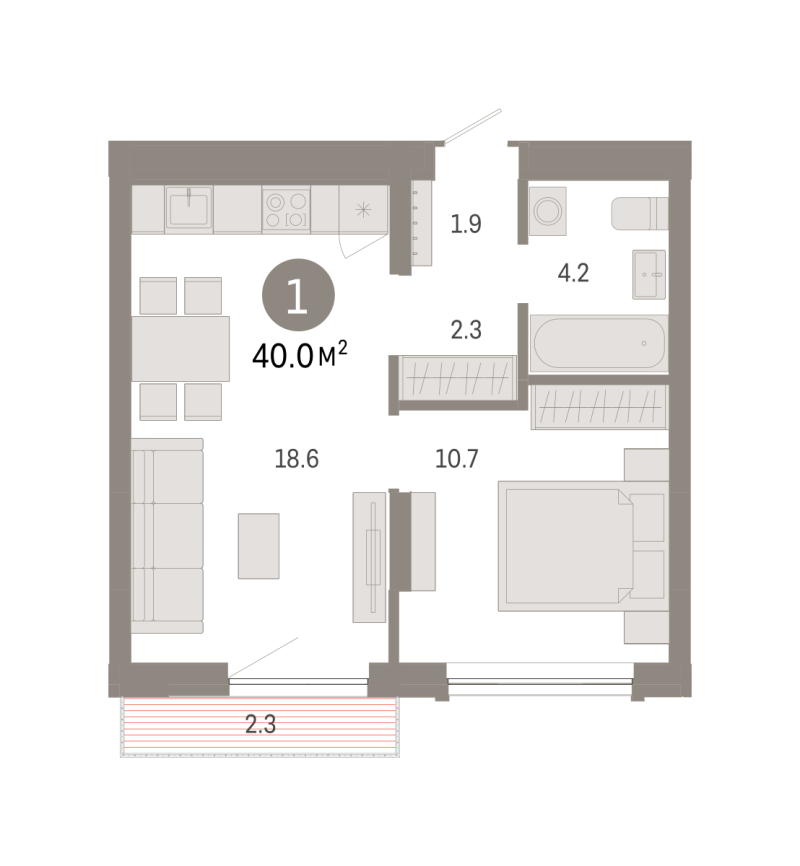 Планировка 1-комн. квартира, 40 м² — ЖК «Октябрьский на Туре»