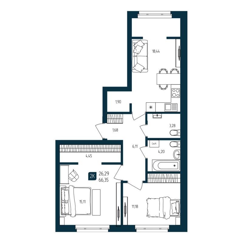 Планировка 2-комн. квартира, 66.3 м² — ЖК «Квартал Мятный»