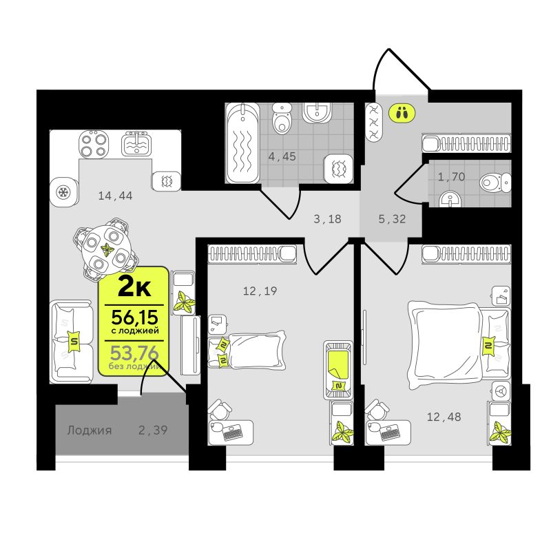 Планировка 2-комн. квартира, 56.1 м² — ЖК «Окинава»