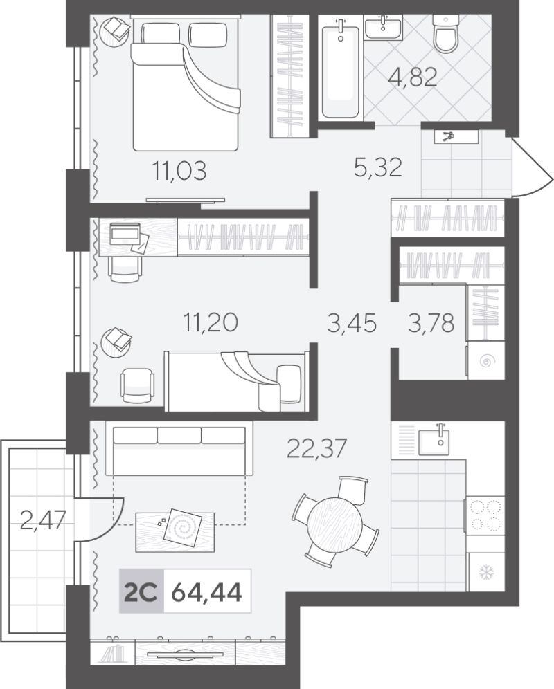 Планировка 2-комн. квартира, 64.4 м² — ЖК «Скандиа. Квартал в Комарово-парк»