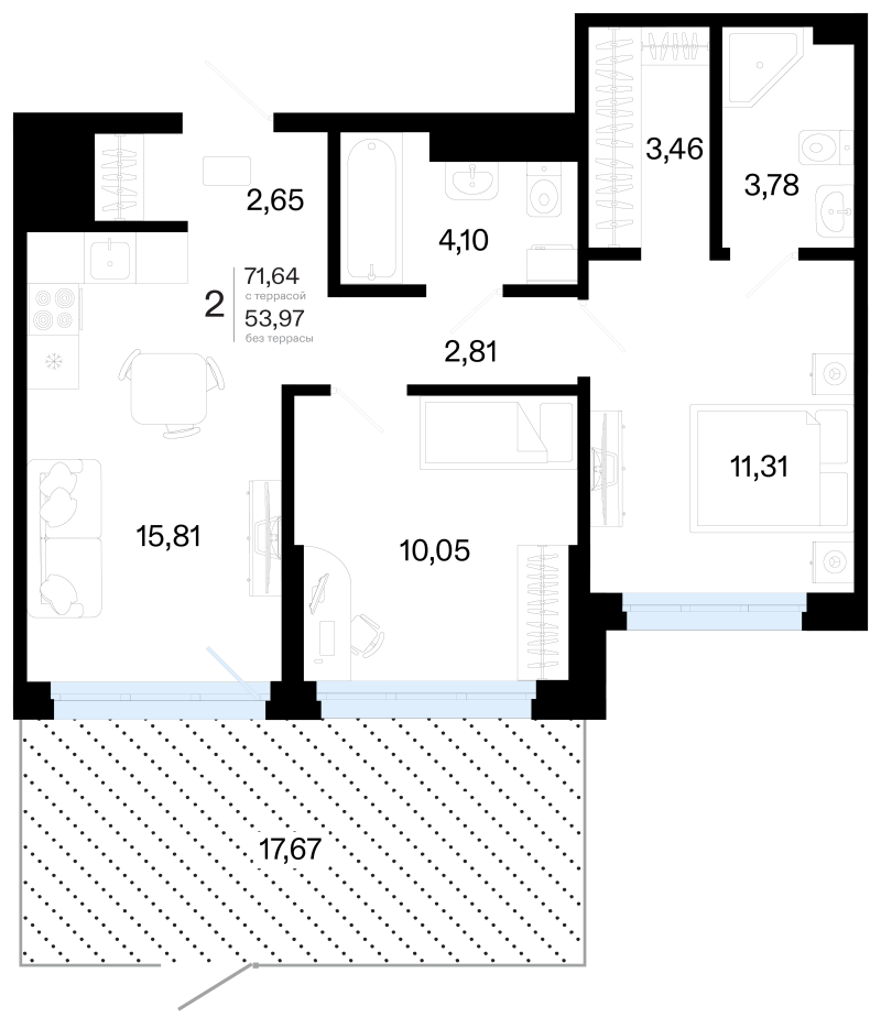 Планировка 2-комн. квартира, 71.6 м² — ЖК «Символ»