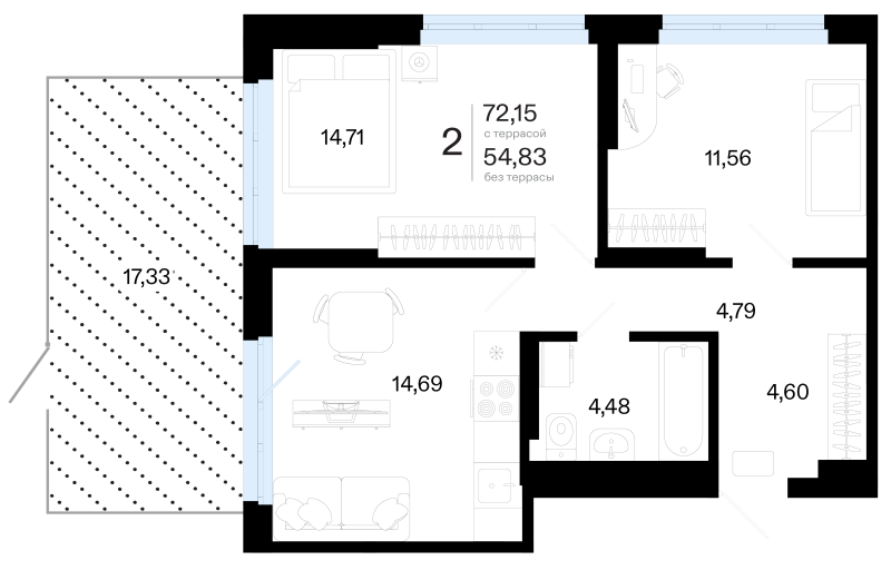 Планировка 2-комн. квартира, 72.2 м² — ЖК «Символ»