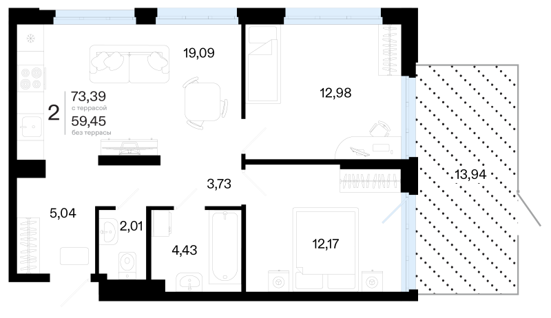 Планировка 2-комн. квартира, 73.4 м² — ЖК «Символ»