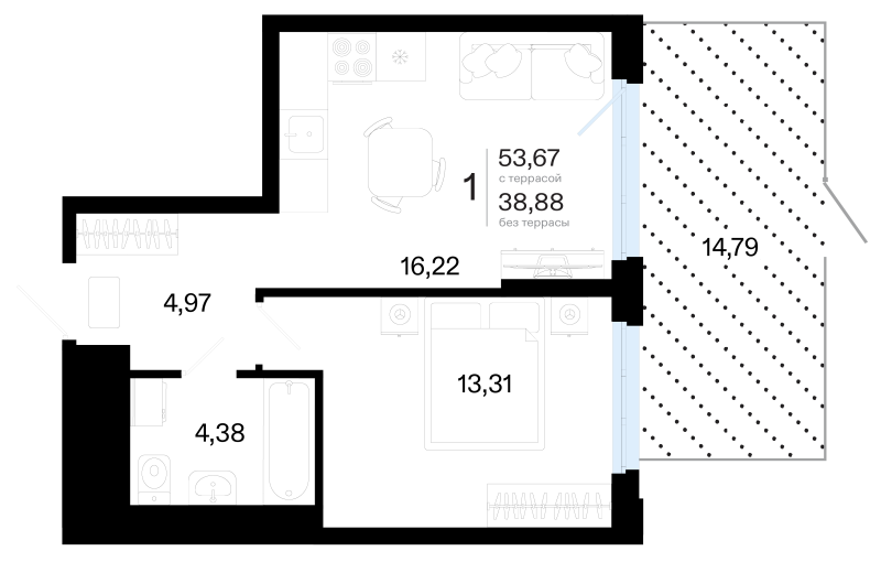 Планировка 1-комн. квартира, 53.7 м² — ЖК «Символ»