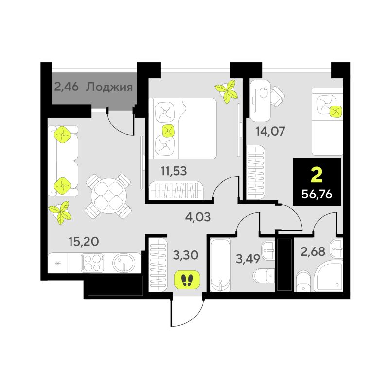 Планировка 2-комн. квартира, 56.8 м² — ЖК «Окинава»