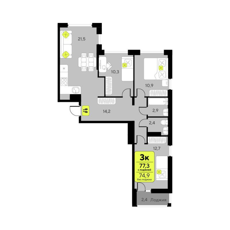 Планировка 3-комн. квартира, 74.9 м² — ЖК «Дивный квартал у озера»