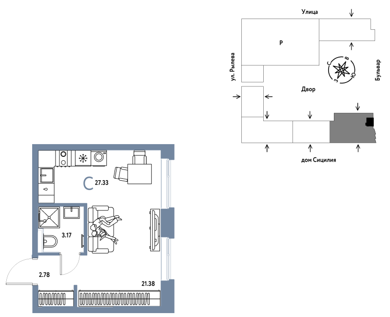 Планировка Студия, 27.3 м² — ЖК «Остров-сад»