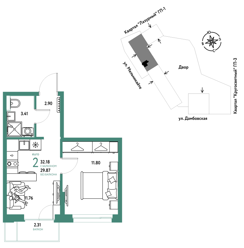 Планировка 2-комн. квартира, 32.2 м² — ЖК «Страна.Прибрежная»