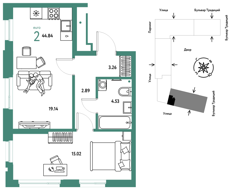 Планировка 2-комн. квартира, 44.8 м² — ЖК «Домашний»