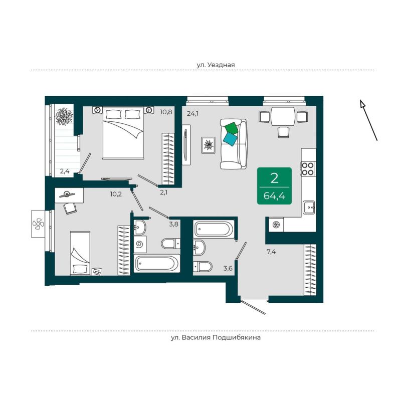 Планировка 2-комн. квартира, 64.4 м² — ЖК «Уездные кварталы»