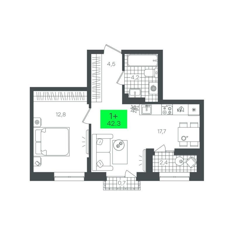 Планировка 1-комн. квартира, 42.3 м² — ЖК «Сезоны»