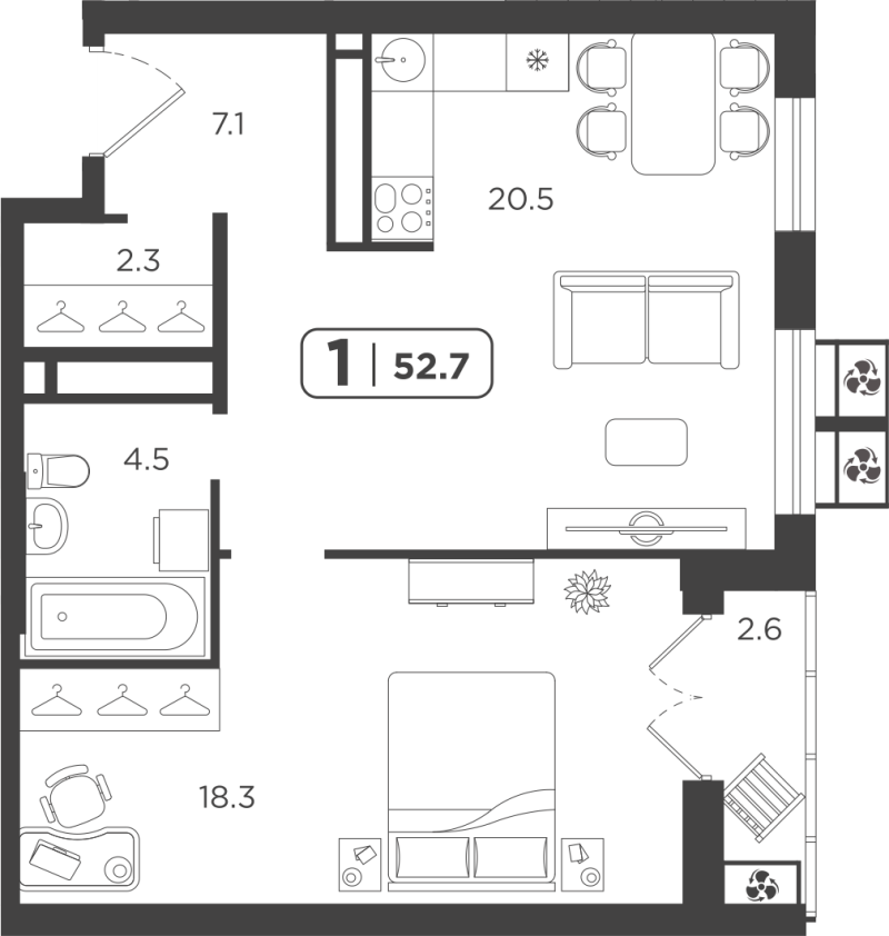 Планировка 1-комн. квартира, 52.7 м² — ЖК «Симфония»