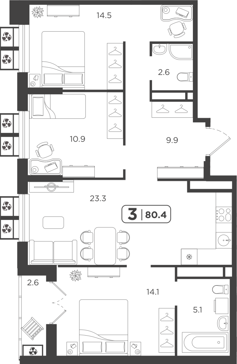 Планировка 3-комн. квартира, 80.4 м² — ЖК «Симфония»