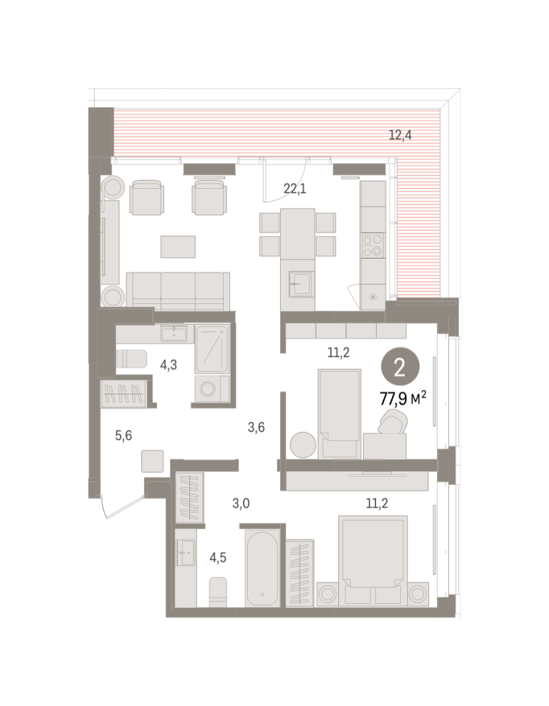 Планировка 2-комн. квартира, 77.9 м² — ЖК «Кварталы «На Минской»»