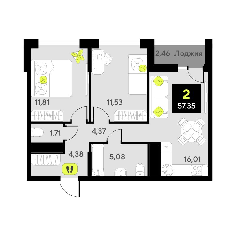 Планировка 2-комн. квартира, 57.4 м² — ЖК «Окинава»