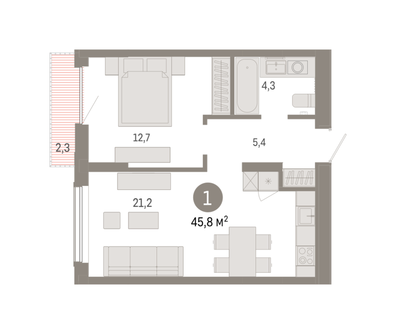Планировка 1-комн. квартира, 45.9 м² — ЖК «Октябрьский на Туре»