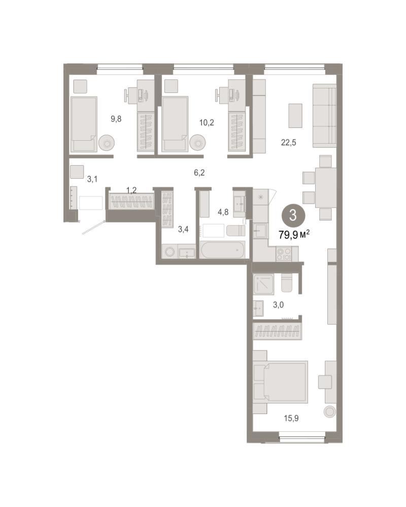 Планировка 3-комн. квартира, 79.9 м² — ЖК «Октябрьский на Туре»