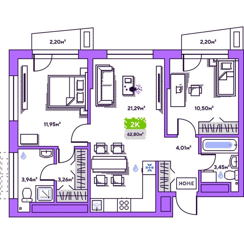 Планировка 2-комн. квартира, 62.8 м² — ЖК «Плэй»