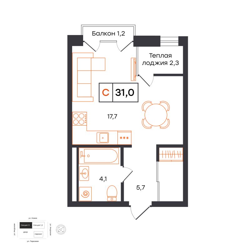 Планировка Студия, 31 м² — ЖК «УНО. Умный квартал»