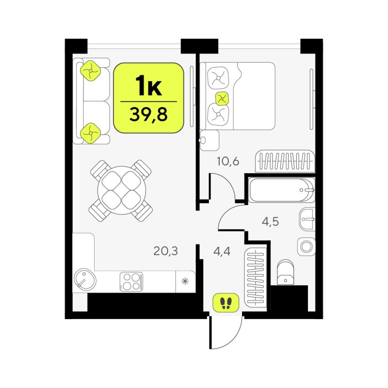 Планировка 1-комн. квартира, 39.8 м² — ЖК «Дивный квартал у озера»