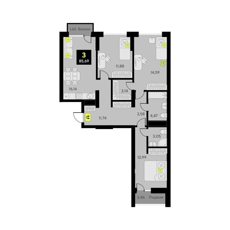 Планировка 3-комн. квартира, 85.7 м² — ЖК «Окинава»